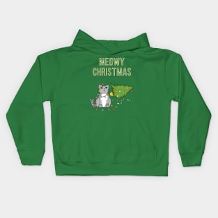 Meowy Christmas Gray Tabby Cat Knocked Over Xmas Tree Kids Hoodie